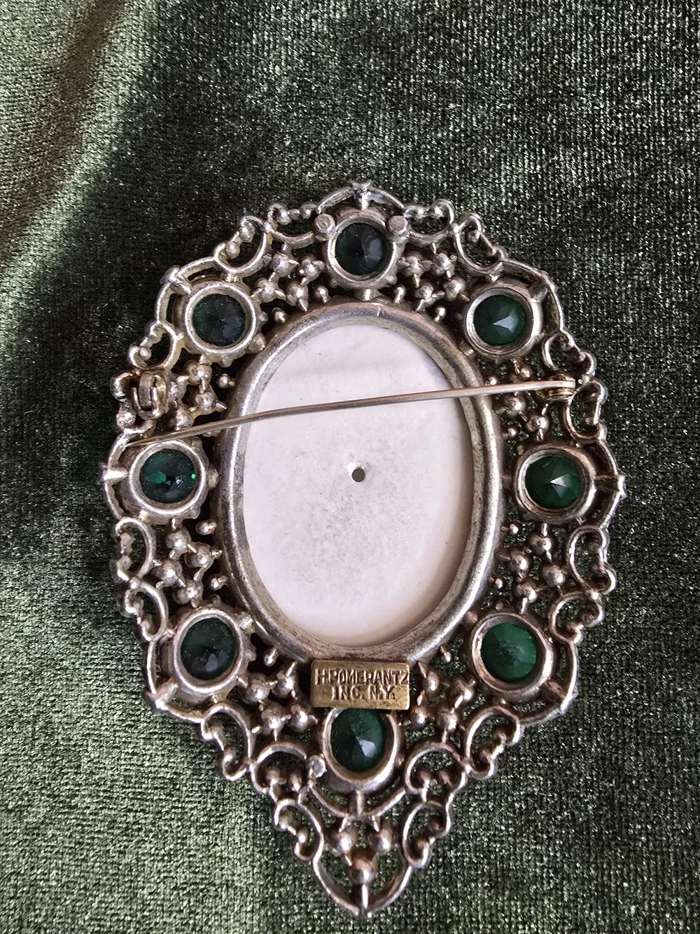 H Pomerantz Vintage Green Jeweled Oval Brooch with Romantic Porcelain Scene Rare